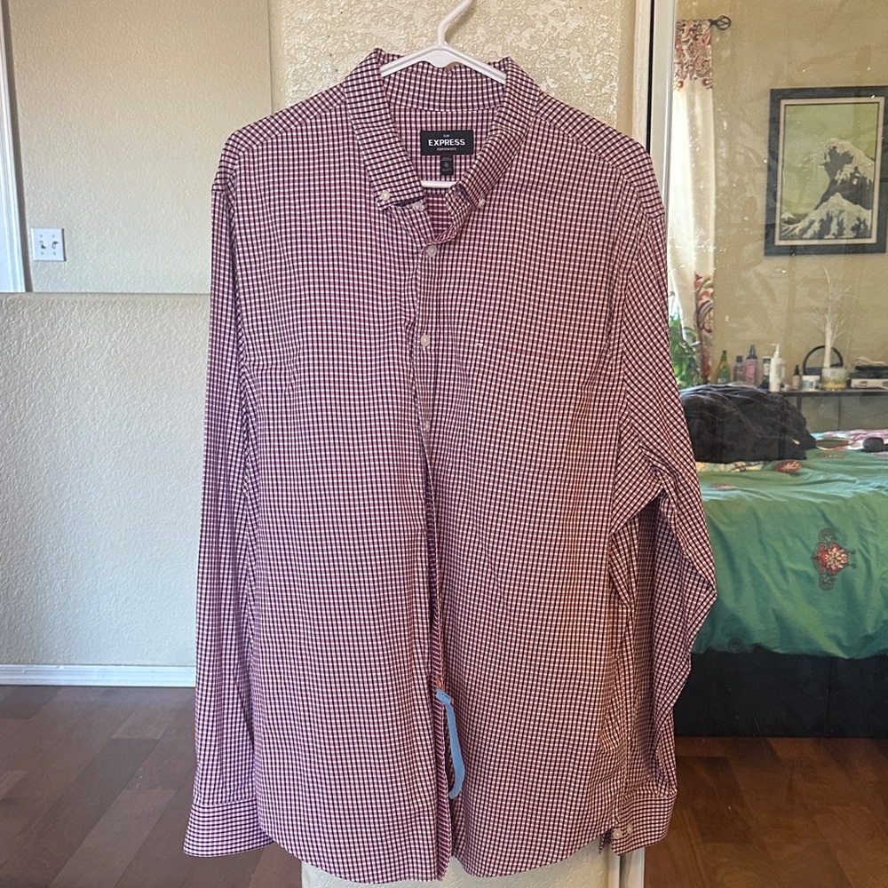 Express Men's Burgundy Checkered Button Down Shirt